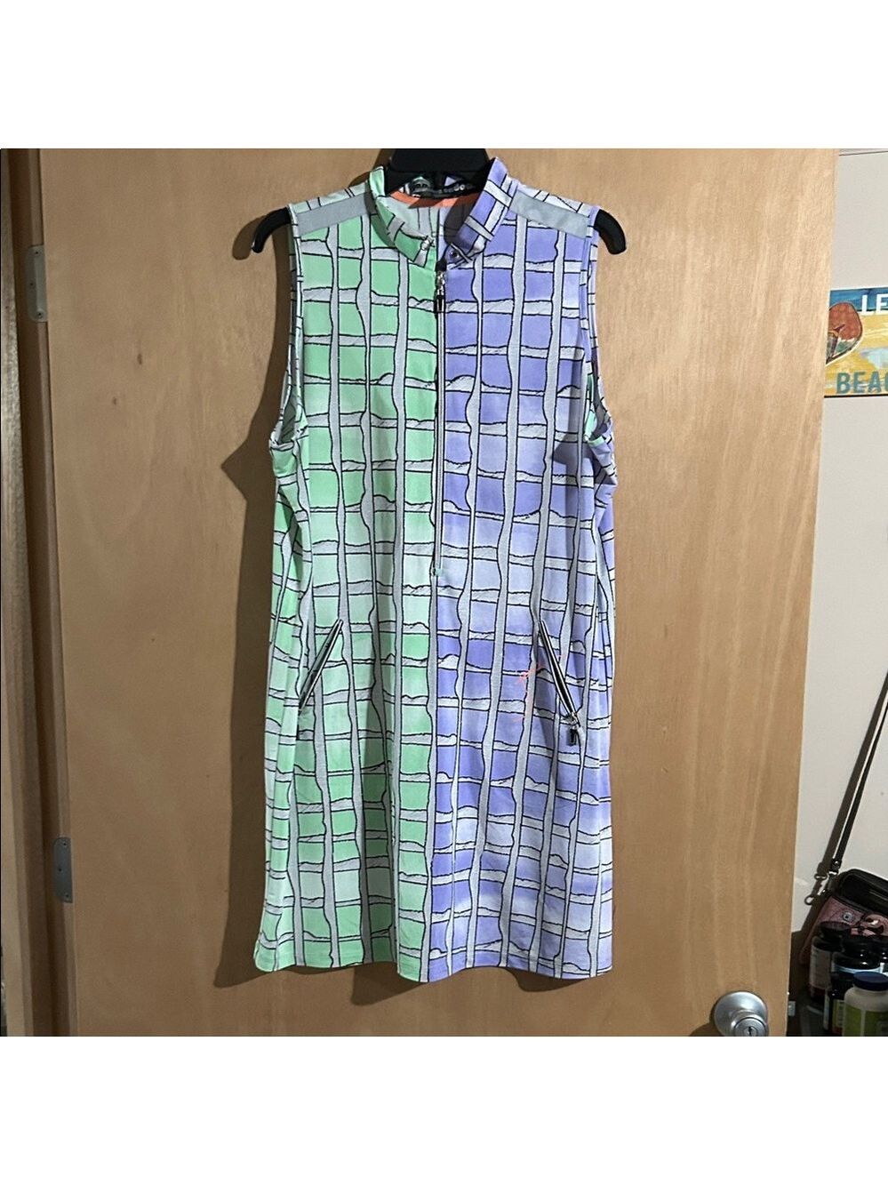 Jamie Sadock Sleeveless Green and Purple Grid Dress